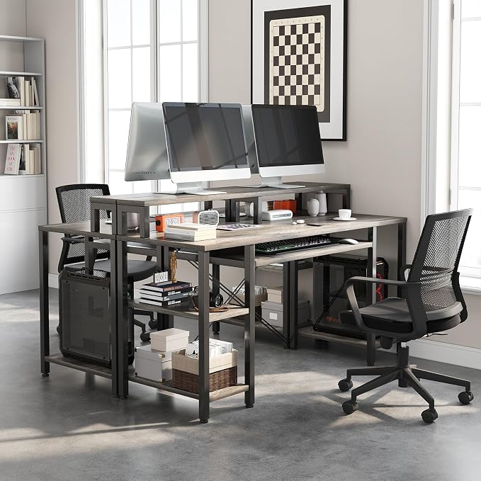 VERMESS Computer Desk- 48 Inch Home Office Desk with Keyboard Tray, 47" Gaming Desk with Full Monitor Stand & Storage Shelves & CPU Stand, Modern Study Writing Table with Shelf for Storage, Gray Oak