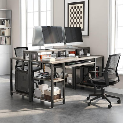 VERMESS Computer Desk- 48 Inch Home Office Desk with Keyboard Tray, 47" Gaming Desk with Full Monitor Stand & Storage Shelves & CPU Stand, Modern Study Writing Table with Shelf for Storage, Gray Oak
