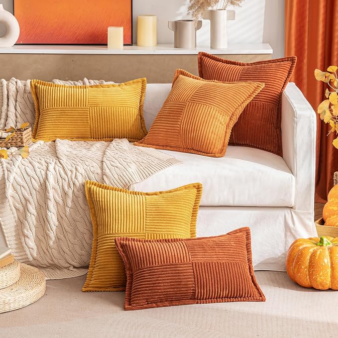 MIULEE Fall Burnt Orange Decorative Lumbar Throw Pillow Covers for Couch Bed Livingroom 12x20 Inch Set of 2 Boho Accent Throw Pllows Broadside Striped Patchwork Soft Corduroy Pillowcases