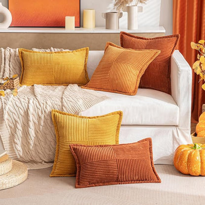 MIULEE Fall Burnt Orange Decorative Lumbar Throw Pillow Covers for Couch Bed Livingroom 12x20 Inch Set of 2 Boho Accent Throw Pllows Broadside Striped Patchwork Soft Corduroy Pillowcases