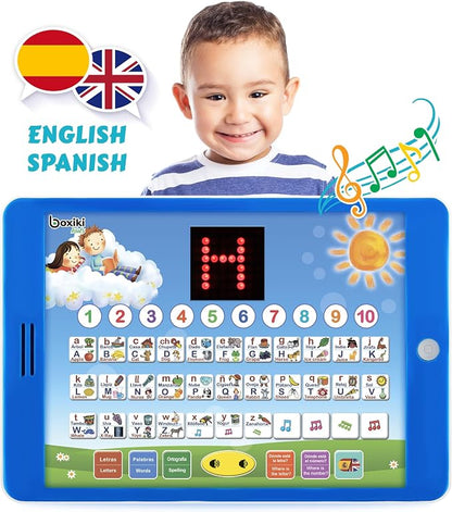 Boxiki kids Spanish-English Learning Bilingual Tablet Educational Toy with LED Screen Display. Learn Spanish and English with ABC Games and Spelling. Kids Love Our Interactive Educational Toys