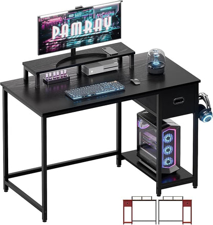 Pamray 39 Inch Small Computer Desk with Monitor Stand and Drawer for Gaming | Small Gaming Desk, for Bedroom Small Spaces, Home Office, Dorm and Apartment, for Writing, Study and Working