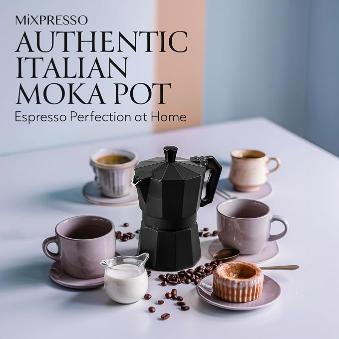 Mixpresso 3 Cup Moka Pot Stovetop Espresso Maker, Italian Cuban Coffee Pot | 5oz aluminum Italian coffee maker for gas and electric stovetops, small design for traditional coffee at home, Mug 4.4 Oz