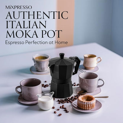 Mixpresso 3 Cup Moka Pot Stovetop Espresso Maker, Italian Cuban Coffee Pot | 5oz aluminum Italian coffee maker for gas and electric stovetops, small design for traditional coffee at home, Mug 4.4 Oz