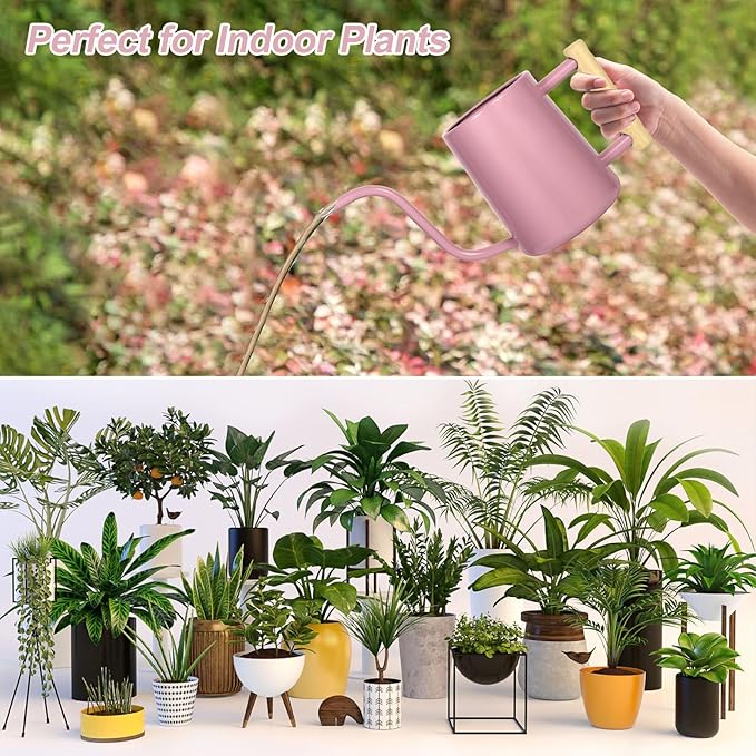 Watering Can Indoor Plants, 35 oz/1000 ml Metal Stainless Steel Watering Can Pot with Long Spout for Indoor House Plants Bonsai Outdoor Garden Flower Decorative (Pink)
