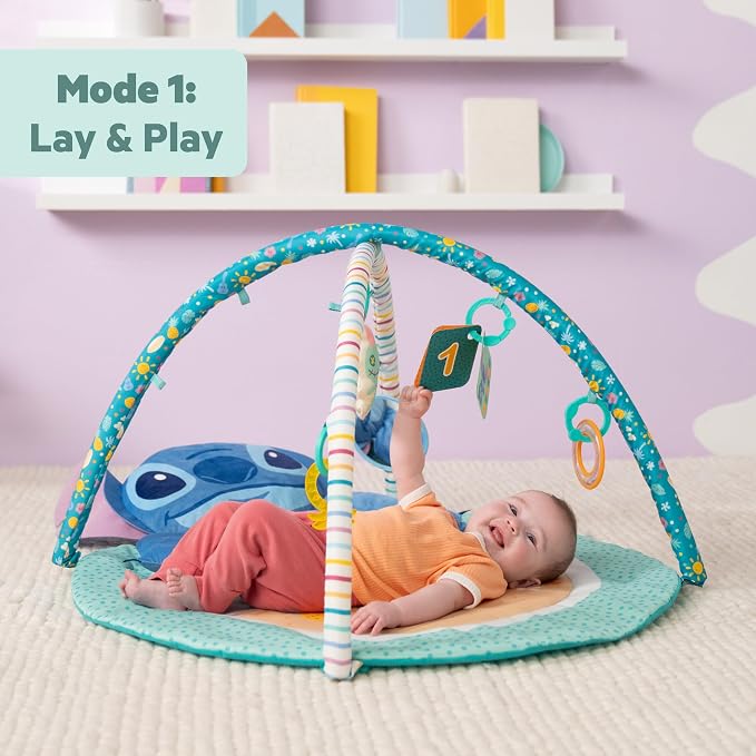 Bright Starts Disney Baby Stitch Party in Paradise Play Gym & Mat, Includes 5 Take Along Toys with Removable Stich Plush, Ages 0M+