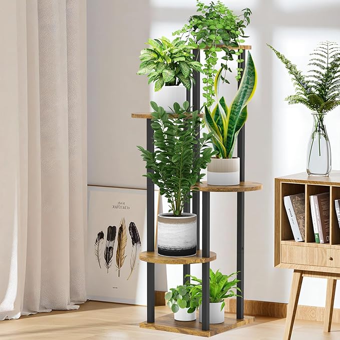 5 Tier Wood Tall Plant Stand Metal Rack Indoor, Multiple Flower Pot Holder Shelves Corner Rack, Round Planter Shelf Display Rack Storage Organizer for Patio Living Room Balcony(Black)