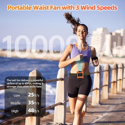 Waist Fan, 10000mAh Rechargeable Belt Clip Fan, 24H Runtime, 49ft/s Strong Airflow, 3-Speed 7-in-1 Hands-Free Personal Fan with Bottom Air Intake and LED SOS Light for Jobsite Outdoor Work