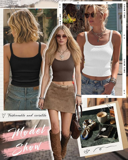 Ficerd 3 Pack Women's Tank Tops 95% Cotton Spaghetti Strap Ribbed Crop Camisole Slim Fitted Basic Summer Sleeveless Layer