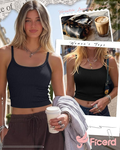 Ficerd 3 Pack Women's Tank Tops 95% Cotton Spaghetti Strap Ribbed Crop Camisole Slim Fitted Basic Summer Sleeveless Layer