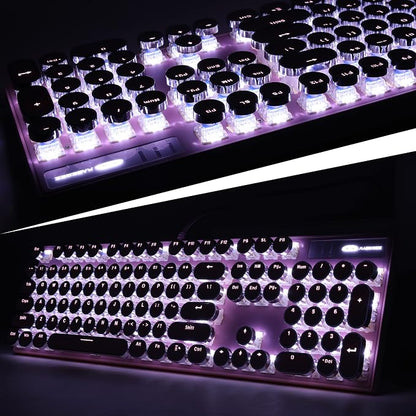 Camiysn Typewriter Style Mechanical Gaming Keyboard, Pink Retro Punk Gaming Keyboard with White Backlit, 104 Keys Blue Switch Wired Cute Keyboards, Round Keycaps for Windows/Mac/PC