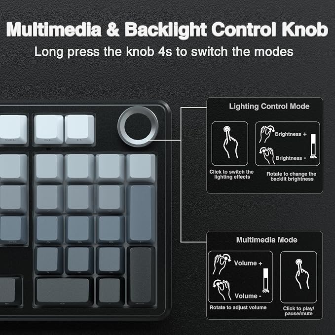 AULA F99 Pro Wireless Mechanical Keyboard with Knob,Gasket Structure,Tri-Mode BT5.0/USB-C/2.4GHz Hot Swappable Keyboard,Creamy Sound,RGB Backlit PBT Keycaps Computer Gaming Keyboards