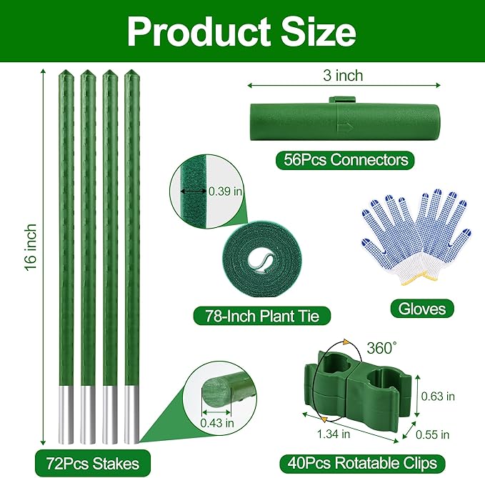 WAENLIR 16 Inch 72 Pack Extendable Garden Stakes Kit, DIY 4ft 5ft 6ft 7ft 8ft Plant Support Stakes with Connectors and Clips, Plastic Coated Metal Sticks for Tomato Indoor Outdoor