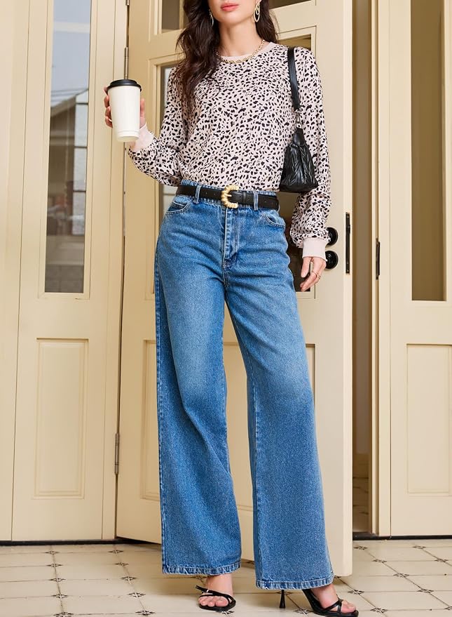EVALESS Womens Crewneck Long Sleeve Tops Casual Polka Dots Tops Fall 2026 Tshirts Shirts