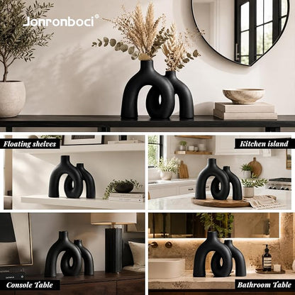 Matte Black Vase Set - Hug Hollow Donut Aesthetic Ceramic Vases Home Decor, Modern Nordic Minimalist Decorative Vase for Table Centerpiece Bookshelf Office Entryway Console Fireplace (Black)