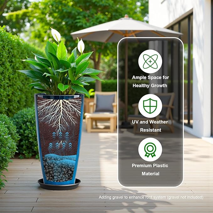 QCQHDU 21 inch Tall Planters for Outdoor & Indoor Plants, Set of 2 Large Outdoor Planters with Drainage Hole for Front Porch, Patio, Garden, Home Decor, Blue