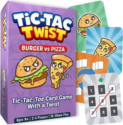 Tic Tac Twist Family Card Game for Kids, Teens & Adults | Quick & Easy Strategy Game for Game Night | Burger vs Pizza Tic Tac Toe with Fun Action Cards | Ages 8+ | 2-4 Players | 10-20 Min