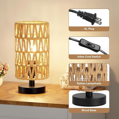 Fenmzee Table Lamps (Rattan Rope Shade - Black Base, 9" Inline Control) | 3000K LED Blub Included | 680 Lumens | Easy Assembly | Minimalist Design | E26 | for Kitchen | for Kids Room