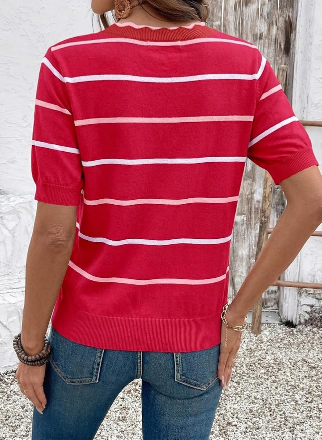 Dokotoo Womens Summer Short Sleeve Knit Tops 2026 Spring Trendy Casual V Neck Striped Sweater Blouses