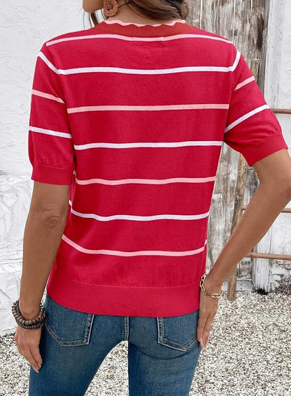 Dokotoo Womens Summer Short Sleeve Knit Tops 2026 Spring Trendy Casual V Neck Striped Sweater Blouses