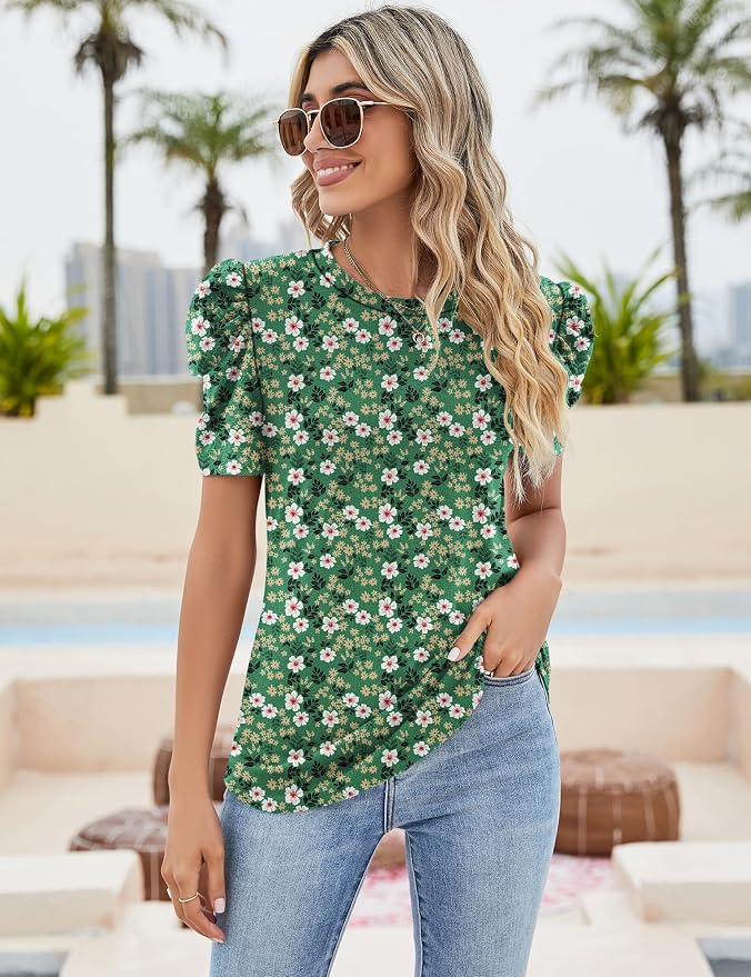 Ivicoer Puff Short Sleeve Shirt for Women Eyelet Tops Summer Crewneck Blouse Loose Fit S-XXL