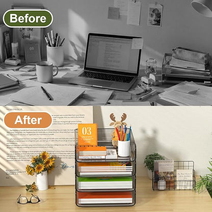 FANXIYQ 4-Tier Acrylic Paper Tray Organizer, Brown Office Paper Organizer | Stackable, Tool-Free Design with 2-4 Tiers for A4 Paper, Files, Books and Mail; Ideal for School, Home Office and Study Room