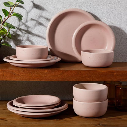 Bloomhouse - Two Time Oprah's Favorite Things Winner - Corsica Clay 12 Piece Stoneware Rustic Reactive Glaze Dinnerware Set - Stackable Plates and Bowls Set. Service for 4 - Matte Prosecco Blush Pink