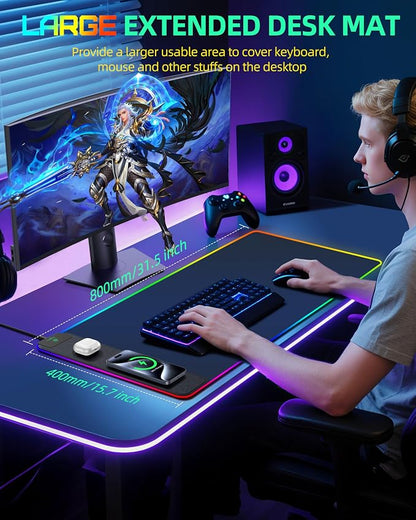 Mouse Pad with Wireless Charging, RGB Gaming Desk Mat, 31.5"x15.7" Large XXL Desk Pad, 15 Lighting Modes, Non-Slip Mouse Mat, Waterproof Computer Keyboard Pad, Black with 20W PD Power Adapter