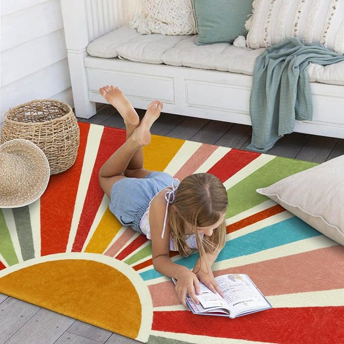 Boho Washable Rug 3'x5' Rug Kids Area Rug for Playroom, Colorful Kids Rug for Bedroom, Non-Slip Throw Sun Carpet Soft Small Sunshine Rug for Office Nursery Entryway Dorm