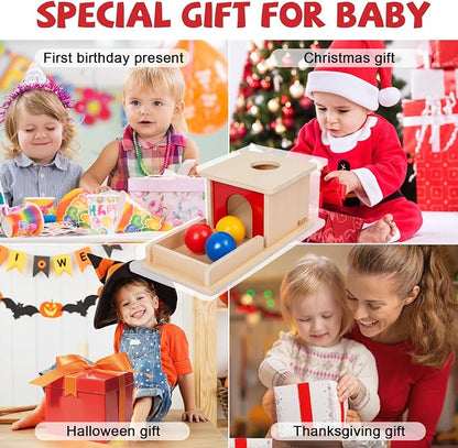 Adena Montessori Wooden Toy for 6-12 Month Baby 3 Balls,Object Permanence Box with red Door Colorful Learning Education Toy for Toddler Kid 1-2 Year Old, Preschool Girl and Boy Gift Full Size Typical