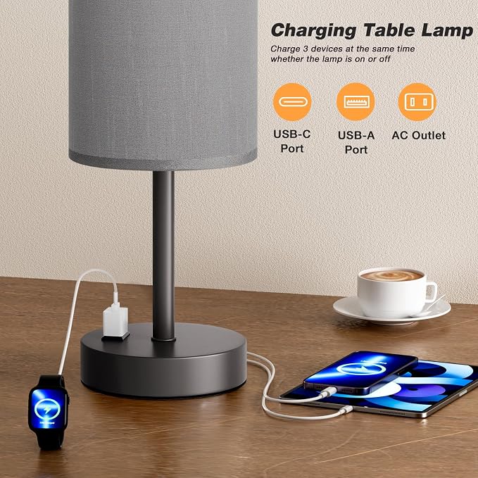 Fenmzee Grey Nightstand Bedroom Lamp - 3 Way Dimmable Bedside Lamp USB C A Charging Ports and AC Outlet, Small Table Lamp Linen Lampshade for Office Desk