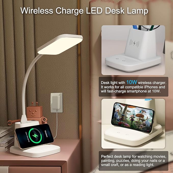LED Desk Lamp with 10W Wireless Charging & Pen Holder, Snow White | CRI 95, 800LM, Stepless Dimming, 3 Modes, 360°Flexible Arm, Touch, Study Table Lamp for Home Office, Dorm Room, with Adapter