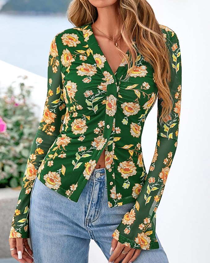 BTFBM Button Down Shirts for Women 2026 Fall Boho Tops V Neck Long Sleeve Blouses Ruched Mesh Fitted Fashion Clothing