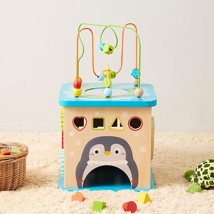 Amazon Basics Kids Wooden Activity Cube, Educational Learning Toy with Bead Maze and Shape Sorter, Developmental Fine Motor Skills, Gift for Toddlers Age 12M+, Multicolor, 13.4x22.5x13.4inches