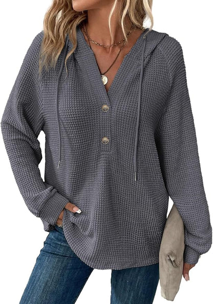 Dokotoo Hoodies for Women Waffle Knit Long Sleeve Drawstring Button V Neck Casual Sweatshirt Hooded Tops Fashion Clothing