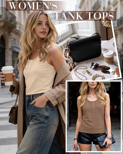 Ficerd 3 Pack Women's Henley Tank Tops Sleeveless Button Down Summer Shirts 2026 Casual Trendy Loose U Neck Tee Blouses