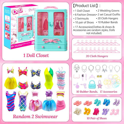Style Shine 70 Pcs Doll Closet with Clothes & Accessories Set,2 Wedding Gowns 6 Fashion Dresses 2 Casual Outfits 2 Swimsuit 10 Shoes 20 Hanger 27 Accessories,Dress up Toys for Girls Kids Gift