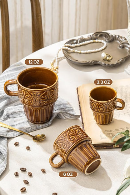 Ceramic Coffee Cups, Coffee Mugs Set of 4, 12 OZ Ceramic Mugs, Stackable Mug, Brown, Microwave & Dishwasher Safe for Hot Drinks Cocoa Latte, Perfect for Daily Use Gathering & All Holiday Gifts