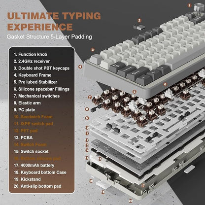 YUNZII B75 PRO 75% Wireless Mechanical Keyboard (Grey, Cocoa Cream V2) | Hot Swap Keyboard with Knob, Gasket Mount, Creamy Pre-lubed Switch for Smooth Typing, BT/USB-C/2.4G, for Gaming