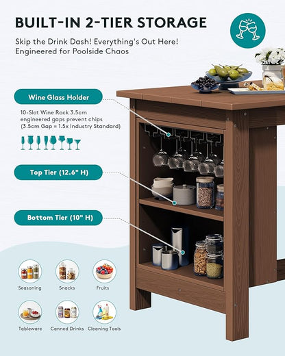 SERWALL 8-Piece HDPE Counter Height Dining Table Sets with Storage and Wine Rack, 2 Rectangular Bar Table with Bar Stools Set of 6 for Garden, Backyard, Kitchen, Brown