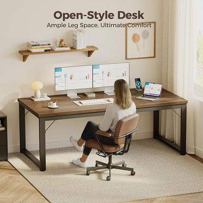 Mericonia 48 Inch Computer Desk with Power Outlets, 1.2" Thick Office Table | Modern Simple Style, Heavy Duty Industrial Frame, Small Study & Writing Table for Home Bedroom Work, Walnut