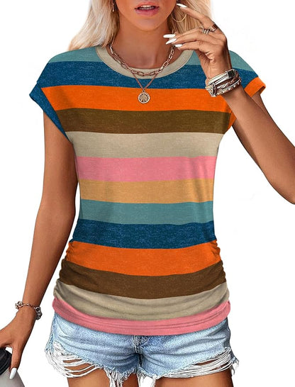 Sampeel Womens Summer Tops Trendy 2026 Ruched Cap Short Sleeve Tshirts Shirts Crew Neck T Shirts Fashion
