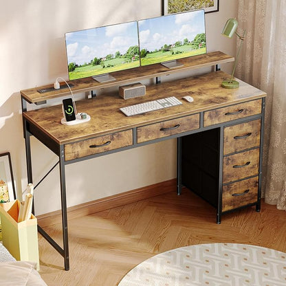 Huuger Gaming Desk with 6 Drawers, Computer Desk with LED Lights Power Outlets and Type-C, 47 Inch Office Desk with Storage, Monitor Stand, Writing Work Desk for Home Office, Rustic Brown