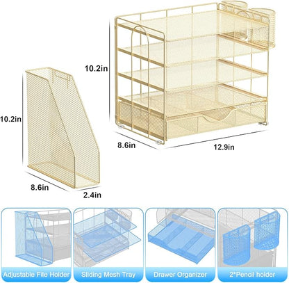 gianotter 5-Tier Desk Organizer with Drawers and File Holders | Letter Trays and Pen Holders - Workspace Accessories for Office Supplies (Gold)