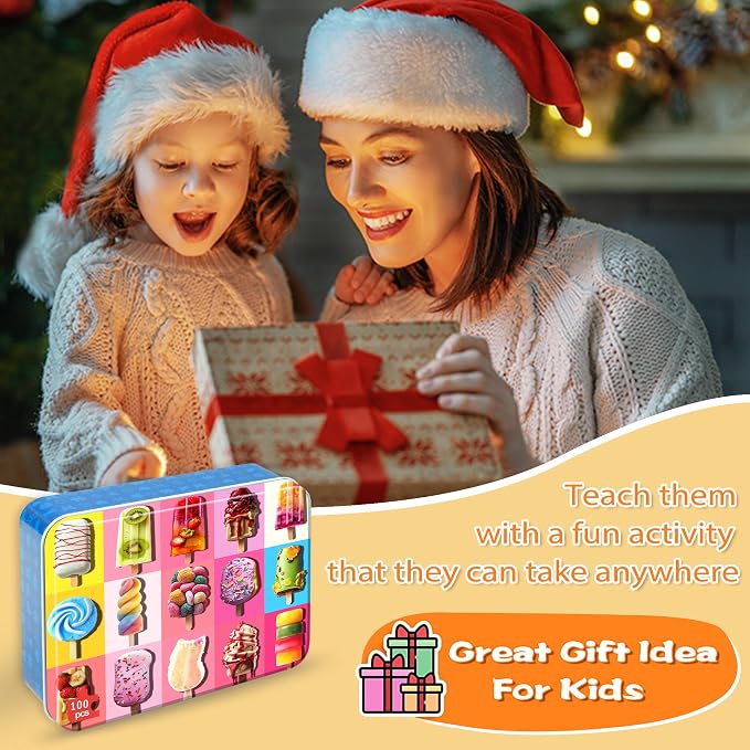LELEMON Puzzles for Kids Ages 4-6,Popsicle 100 Piece Puzzles for Kids in a Metal Box, Educational Jigsaw Puzzles 100 Piece Puzzle Games for Girls and Boys
