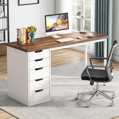 Tribesigns Computer Desk with 5 Drawers, 47 inches Rustic Brown Home Office Desk with Storage, Modern Simple Laptop Desk Study Writing Table for Small Spaces (1, Brown+White)