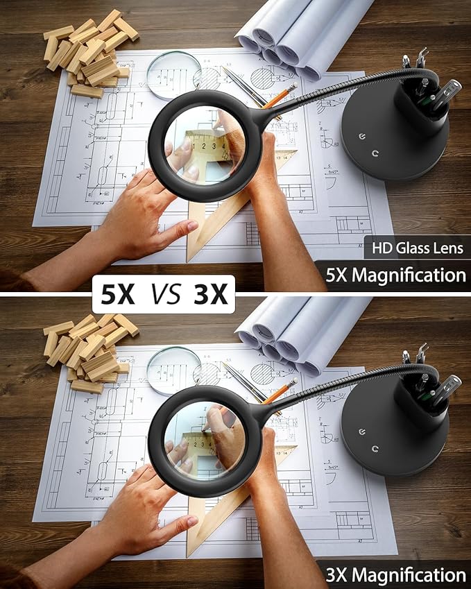 Sailstar Magnifying Glass with Light, 5X Magnifying Lamp, 3 Color Modes Lighted Magnifying Glass, LED Desk Lamp, Pen Holder, Flexible, 800LM, CRI 90, Magnifier with Light for Crafts Close Work, Black