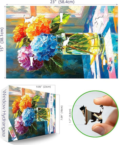 Hydrangea Puzzles for Adults 500 Pieces, Front of Window Blossom Flowers Art Jigsaw Puzzles for Family Fun Challenging, Party Game Gifts Decoration (23 x 15 Inch)