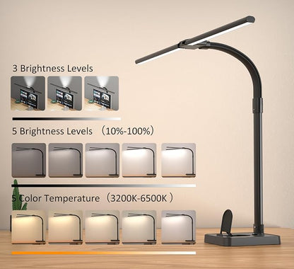 Double Head LED Desk Lamp, Architect Desk Lamps for Home Office, 24W Brightest Workbench Office Lighting-5 Color Modes and 5 Dimmable Eye Protection Modern Desk Lamp (Black-Desktop, Big)