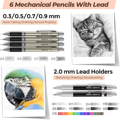 Nicpro 58 PCS Art Drawing Supplies Kit in Leather Case, Art Mechanical Pencil Set with Metal Drafting Pencil 0.3 & 0.5 & 0.7 & 0.9 & 2mm, 12 Micron Pen, Sketch Book, 30 Tube Lead Refills for Sketching